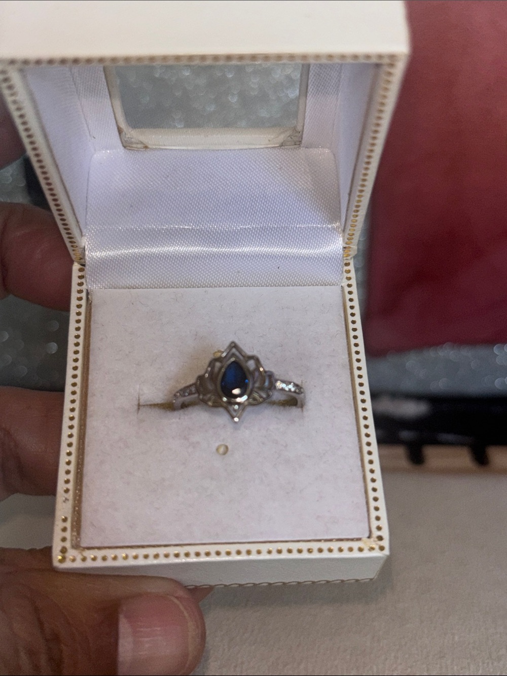 Sterling Silver Teardrop Sapphire-Color Ring with Accent Stones